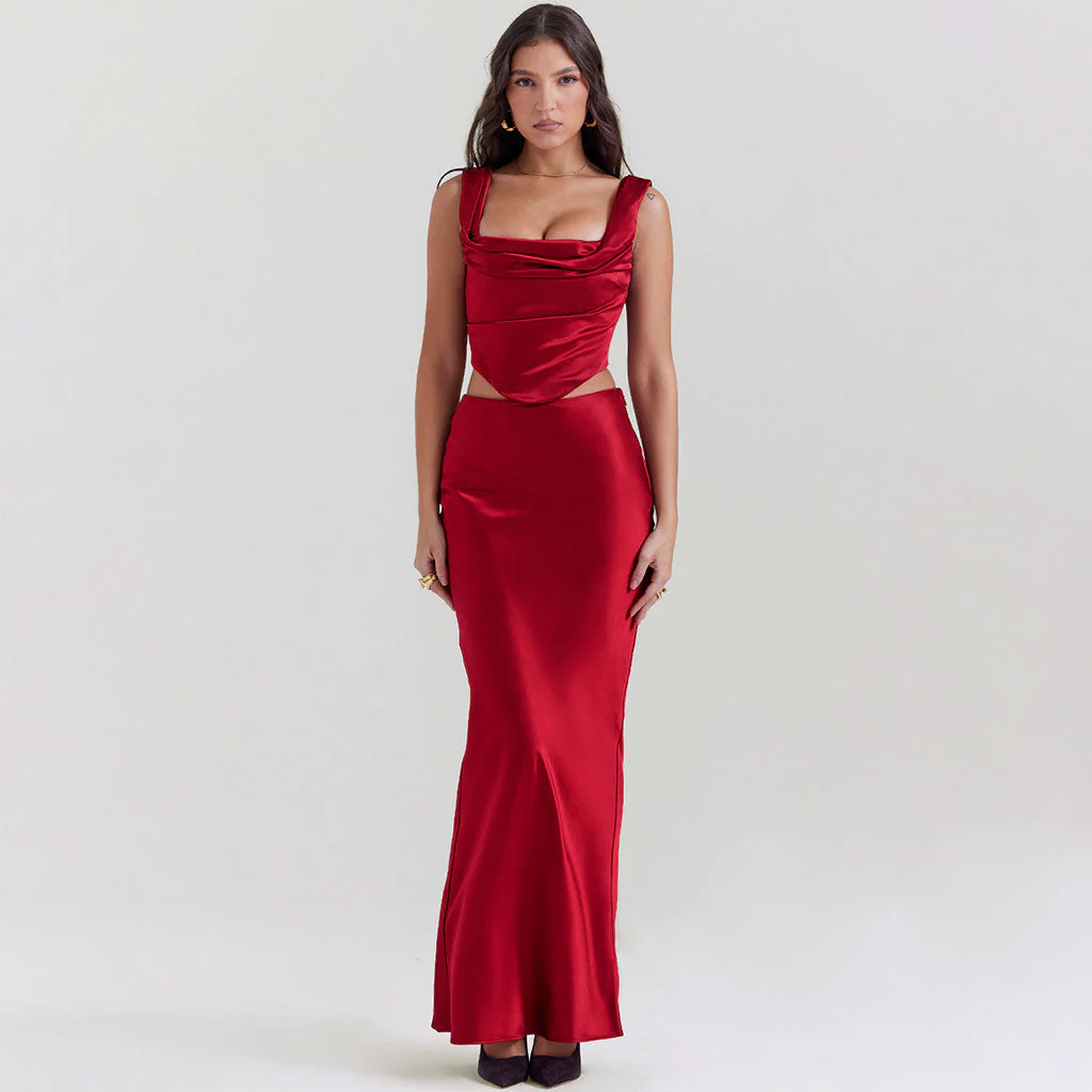 Opulent Satin Cowl Neck Cinched Back Crop Corset High Waist Maxi Skirt Matching Set - Image 4