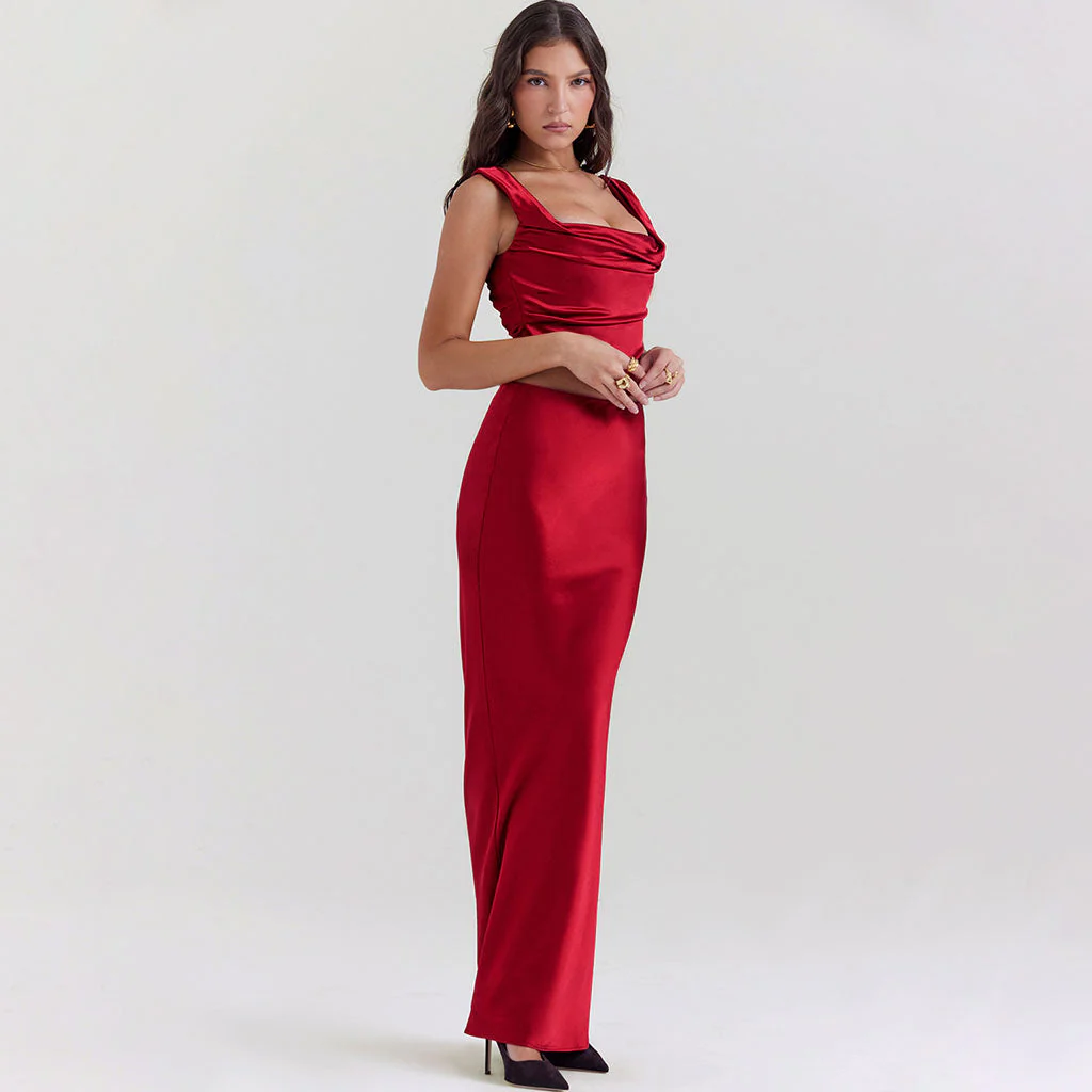 Opulent Satin Cowl Neck Cinched Back Crop Corset High Waist Maxi Skirt Matching Set - Image 6