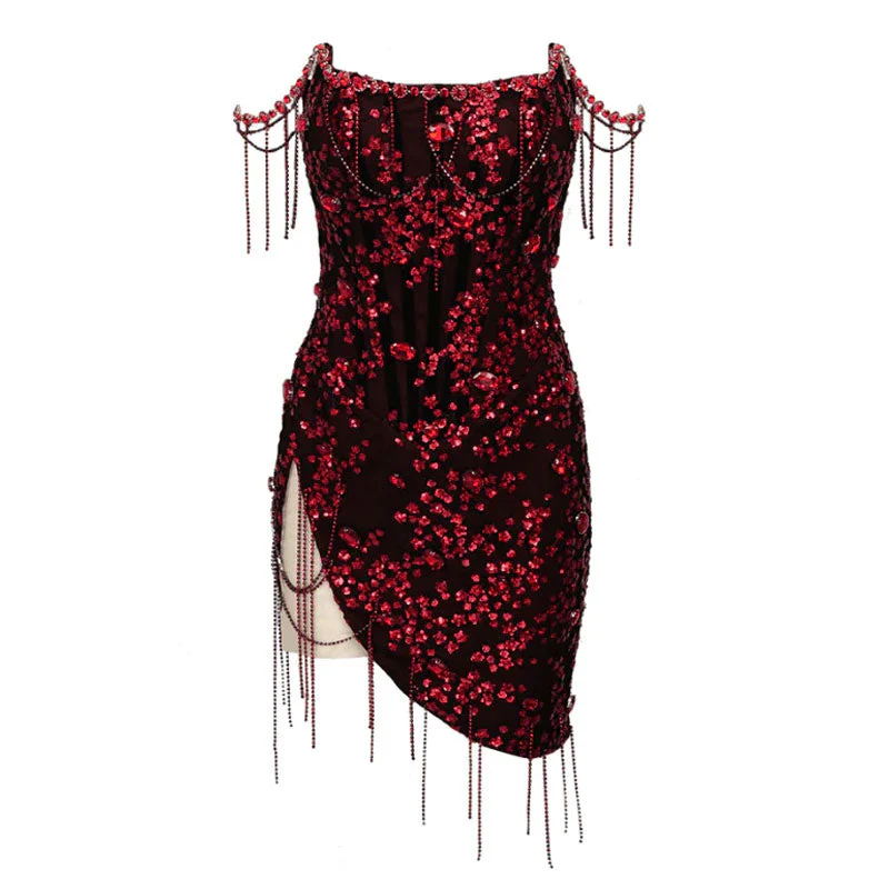 Opulent Sequined Rhinetone Fringe Semi Sheer Micro Short Sleeveless Corset Dress - Image 4