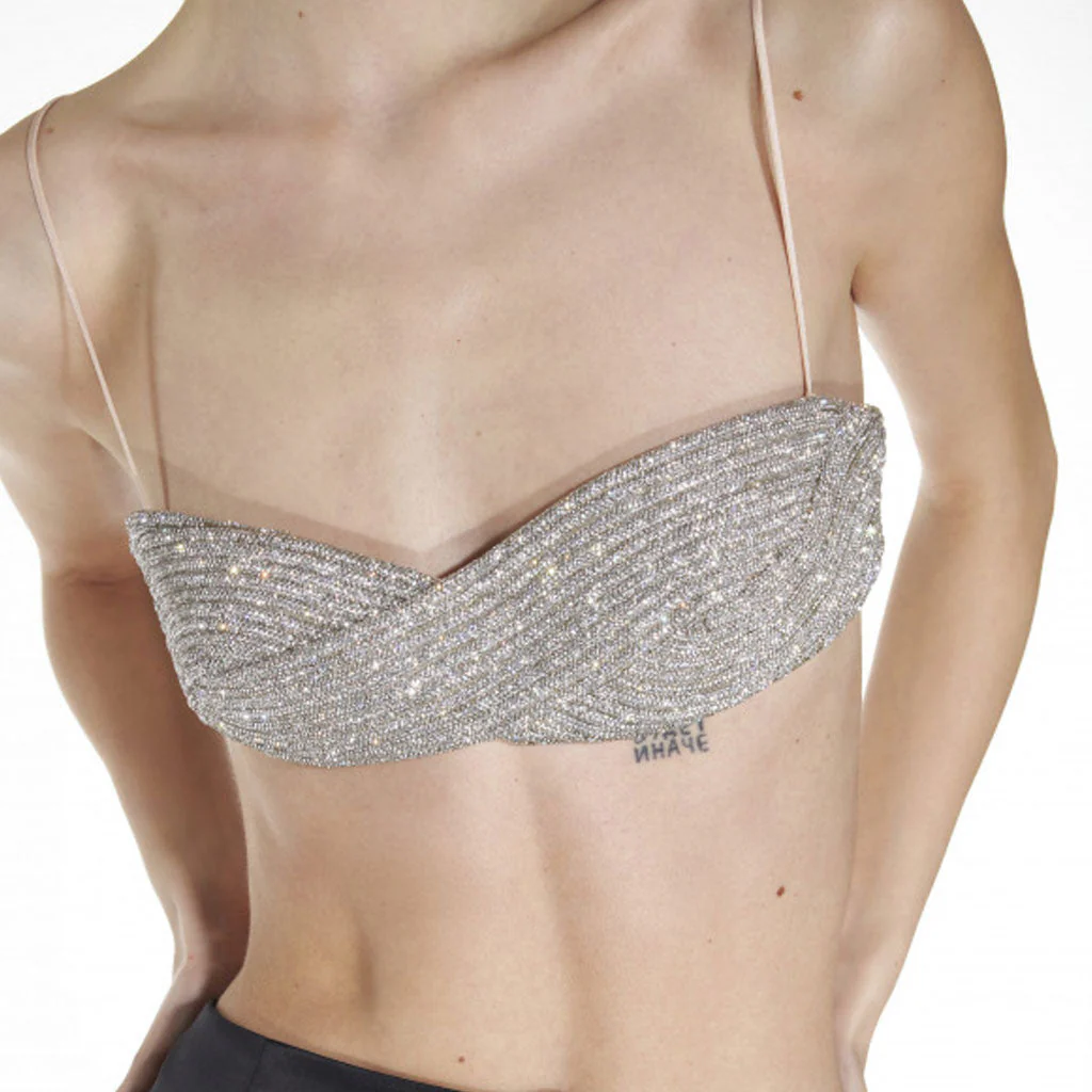Opulent Sweetheart Neck Spaghetti Strap Silver Crystal Embellished Bra Top - Image 3