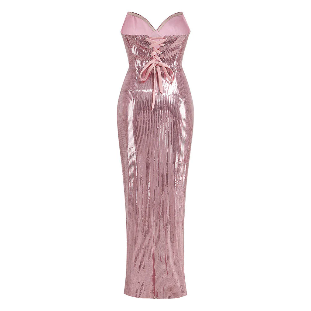 Opulent Sweetheart Neck Strapless Draped Thigh Split Maxi Sequin Evening Dress - Image 2