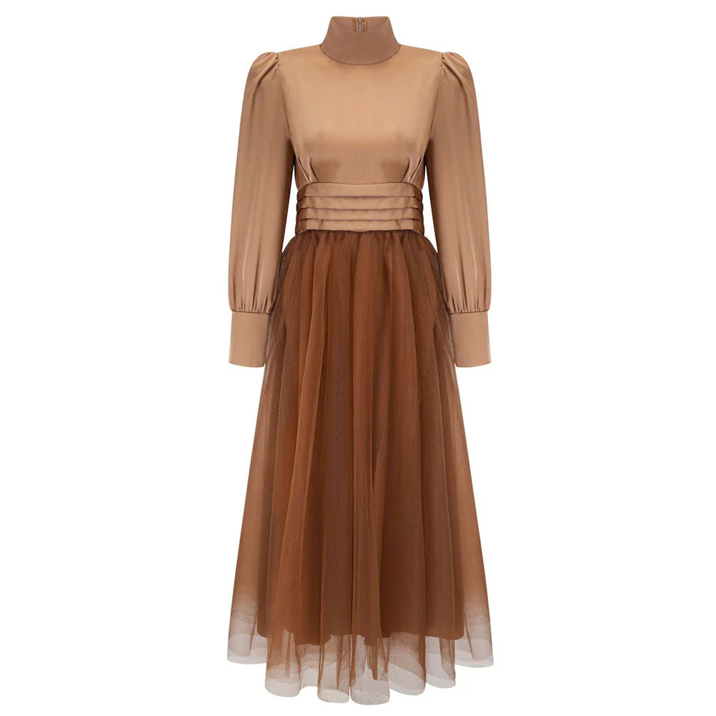 Opulent Two Tone Mock Neck Pleated High Waist Puff Sleeve Midi Dress - Image 4