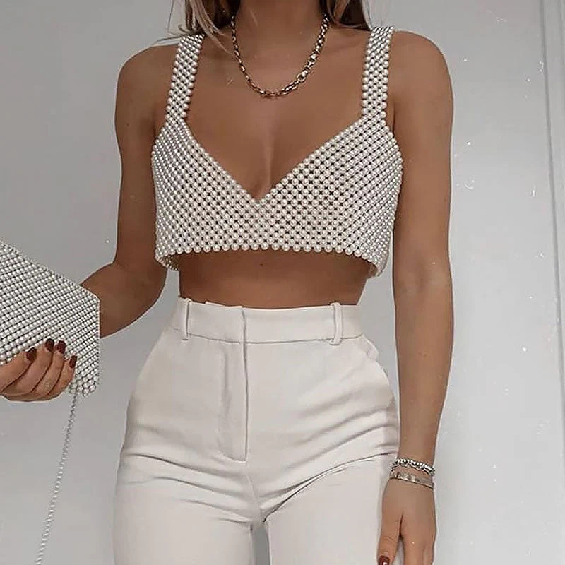 Opulent V Neck Suspender Strap Handcrafted Imitation Pearl Body Chain Bra Top - Image 4