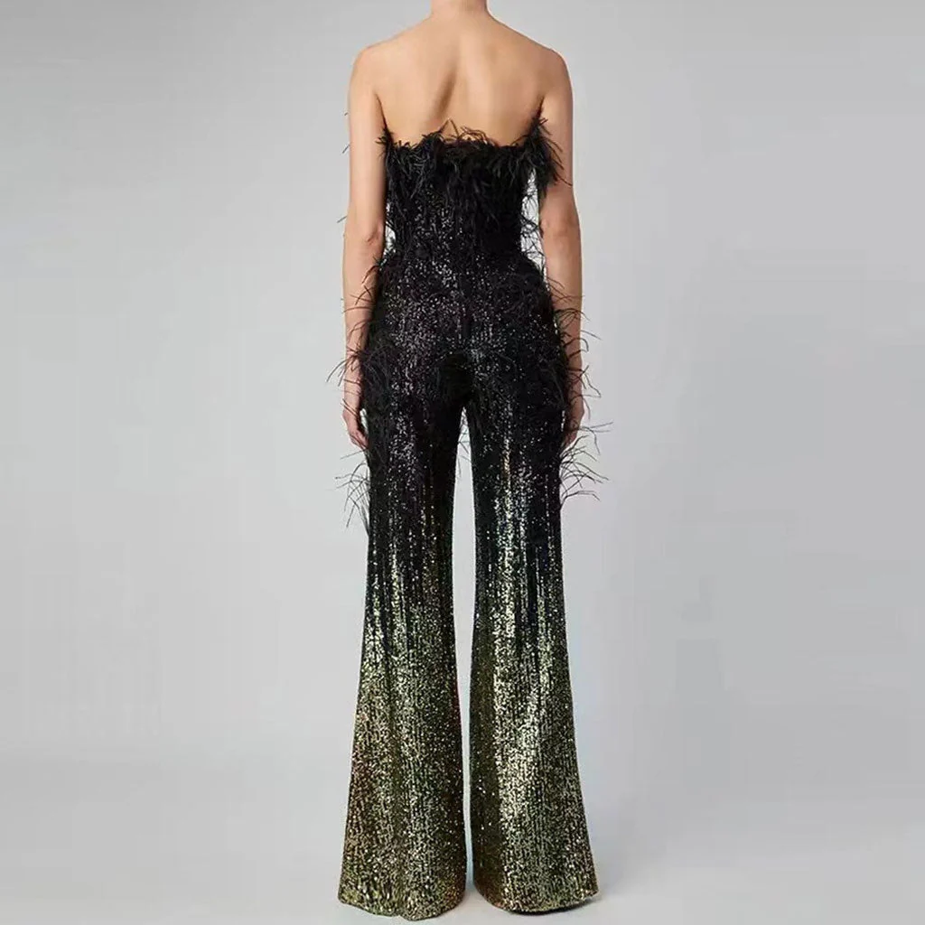 Opulent Wispy Feather Trim Strapless High Waist Wide Leg Ombre Sequin Jumpsuit - Image 2