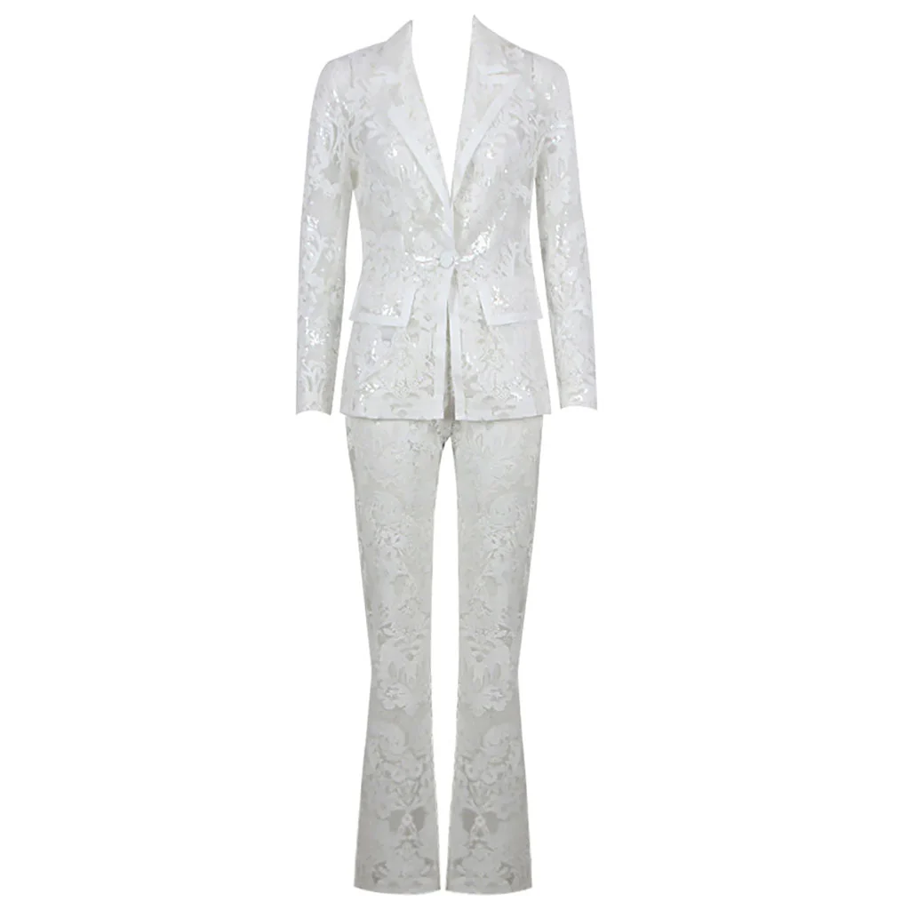 Ornate Floral Embroidered Bootcut Sheer Mesh Sequined Blazer Matching Set - Image 2