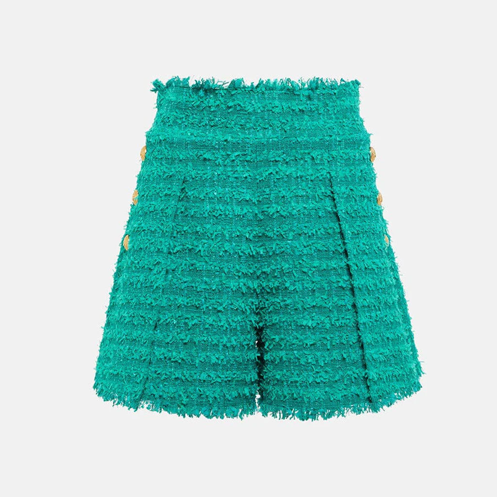 Ornate High Waist Golden Tone Trim Cargo Pocket Back Zipper Tweed Tailored Shorts - Image 5