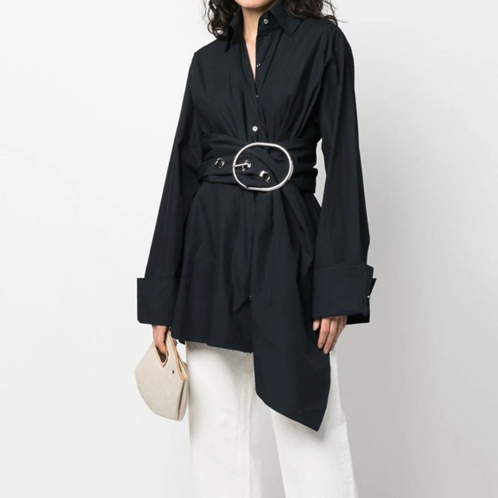 Oversized Belted Collared Button Down O Ring Long Sleeve Tunic Effect Mini Shirt Dress - Image 2