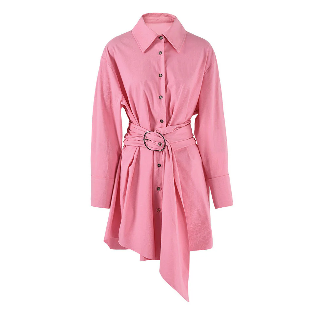 Oversized Belted Collared Button Down O Ring Long Sleeve Tunic Effect Mini Shirt Dress - Image 3