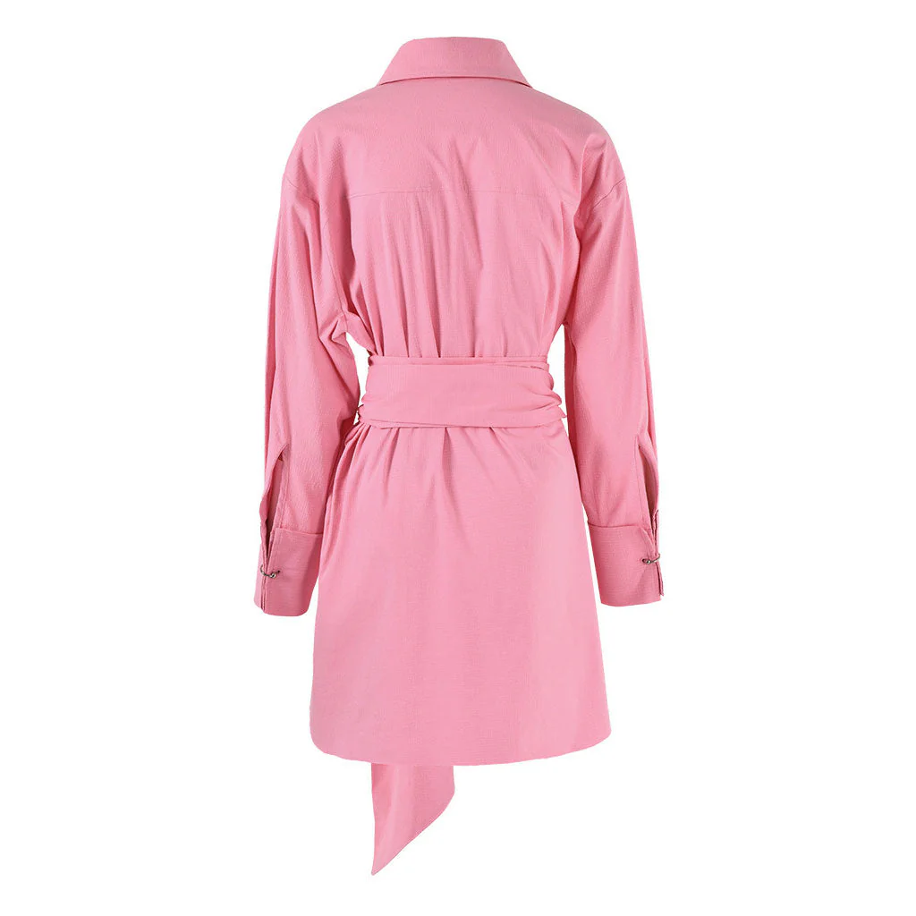 Oversized Belted Collared Button Down O Ring Long Sleeve Tunic Effect Mini Shirt Dress - Image 4