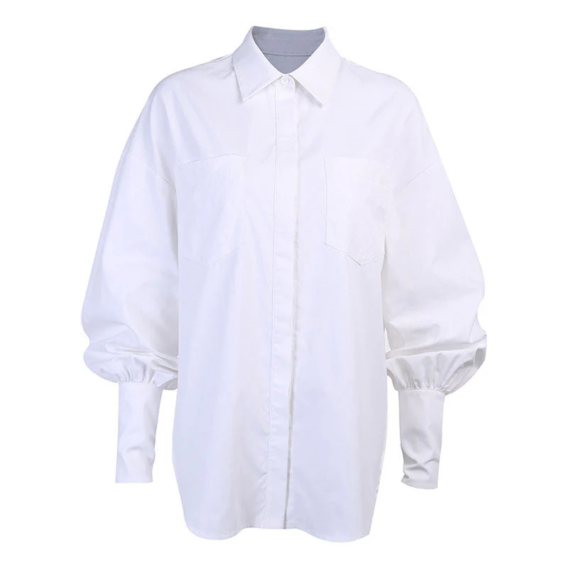 Oversized Button Up Bishop Sleeve Patch Pocket Collared Shirt - White - Image 3