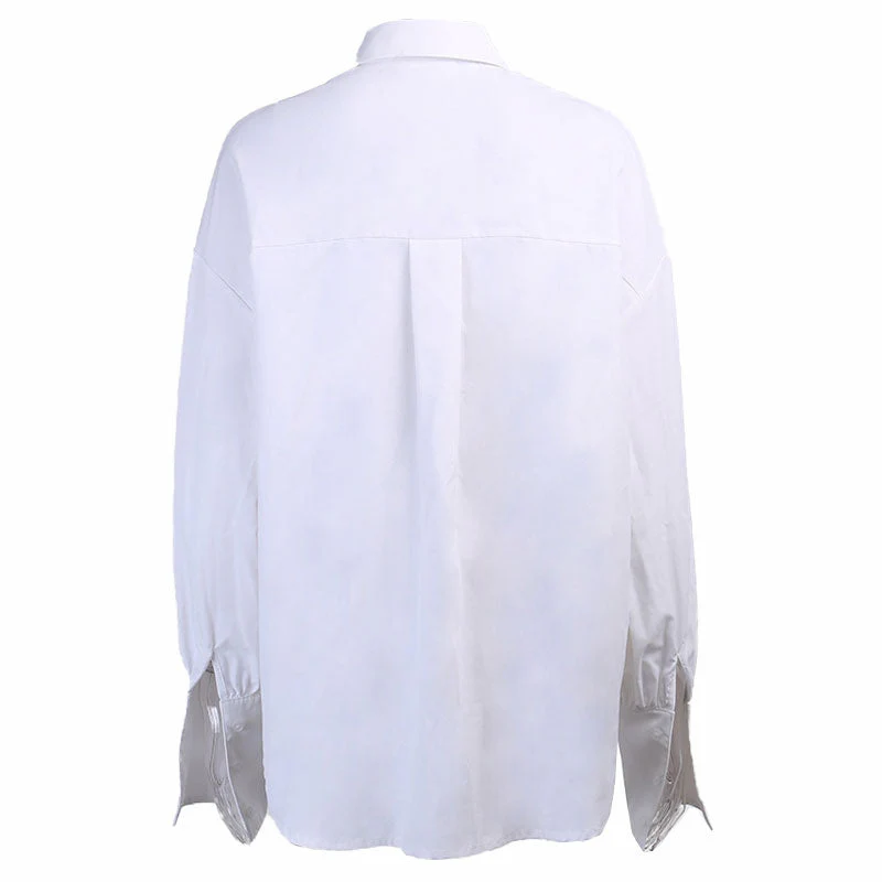 Oversized Button Up Bishop Sleeve Patch Pocket Collared Shirt - White - Image 4
