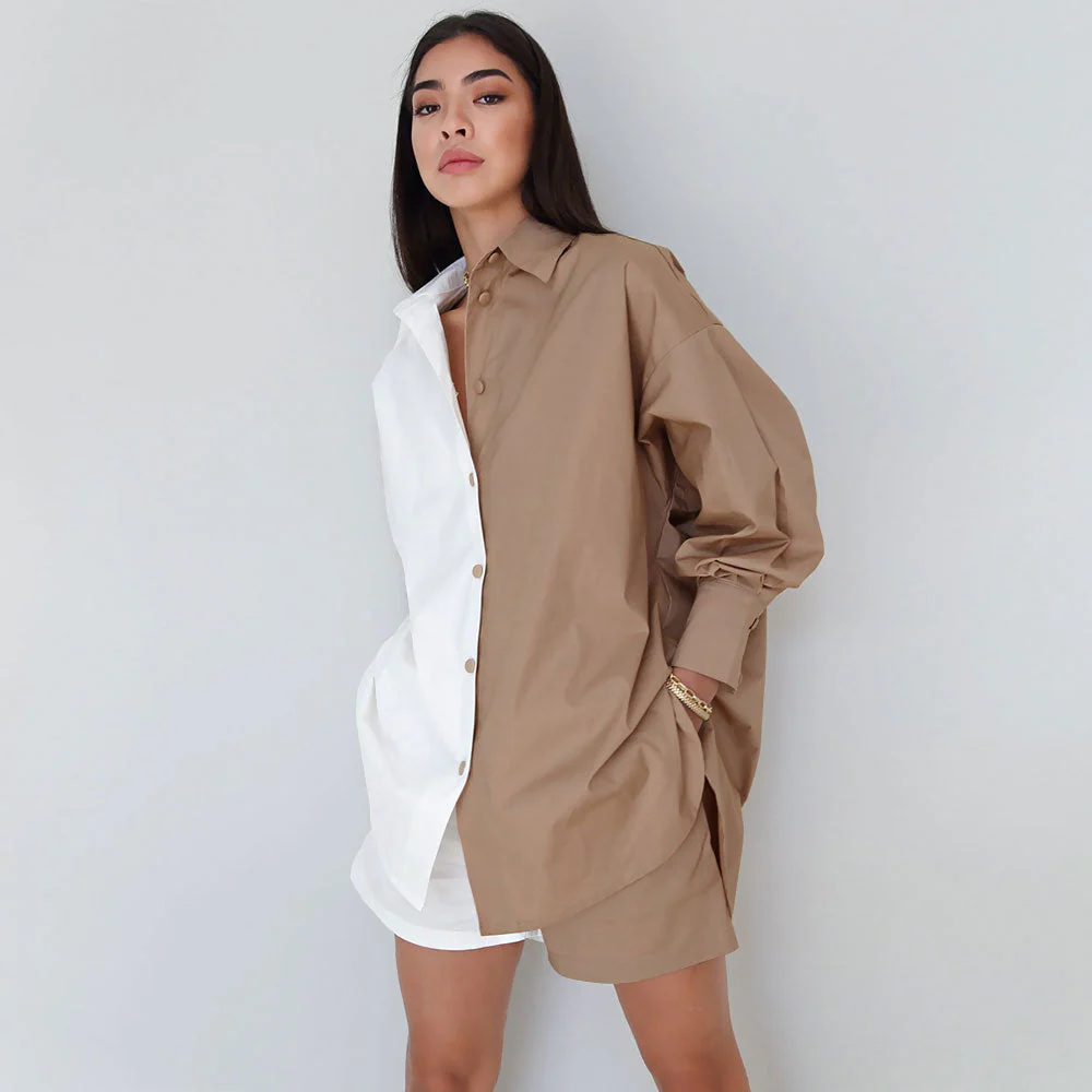 Oversized Color Block Button Down Pocketed Shorts Matching Set - Khaki - Image 3