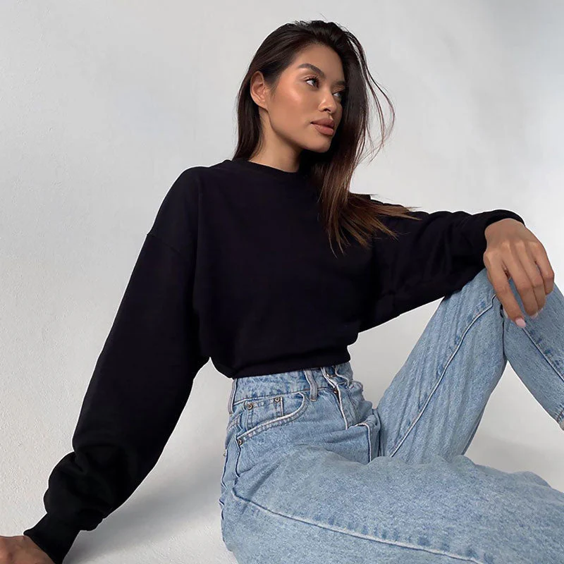 Oversized Drop Shoulder Long Sleeve Mock Neck Cropped Sweatshirt - Black - Image 2