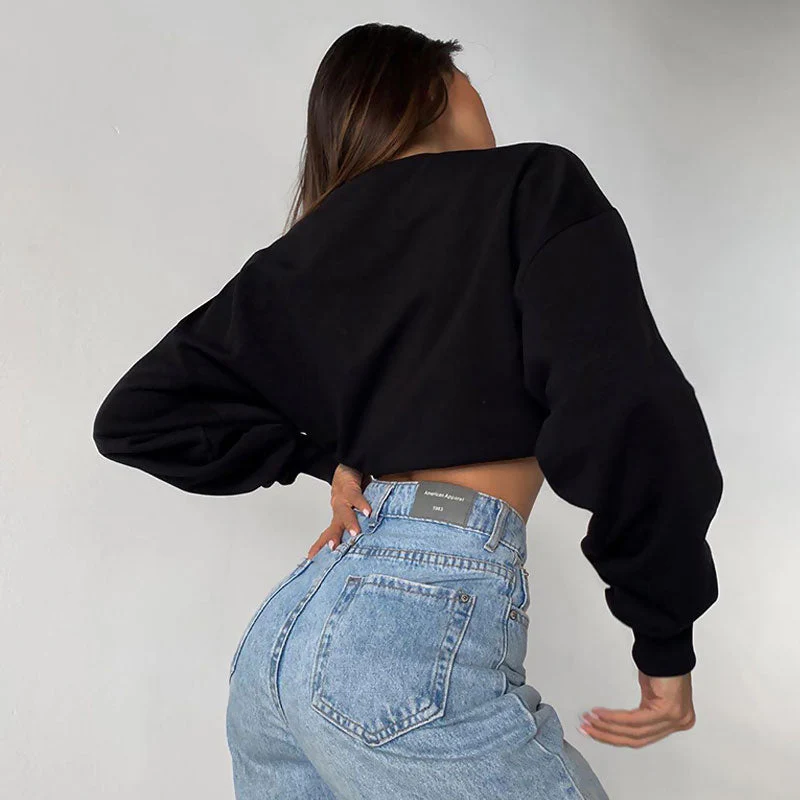 Oversized Drop Shoulder Long Sleeve Mock Neck Cropped Sweatshirt - Black - Image 3