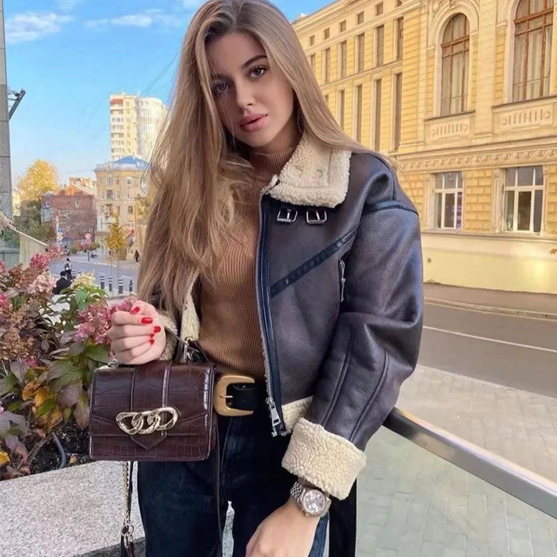 Oversized Fleeced Buckle Trim Faux Leather Cropped Coat - Brown