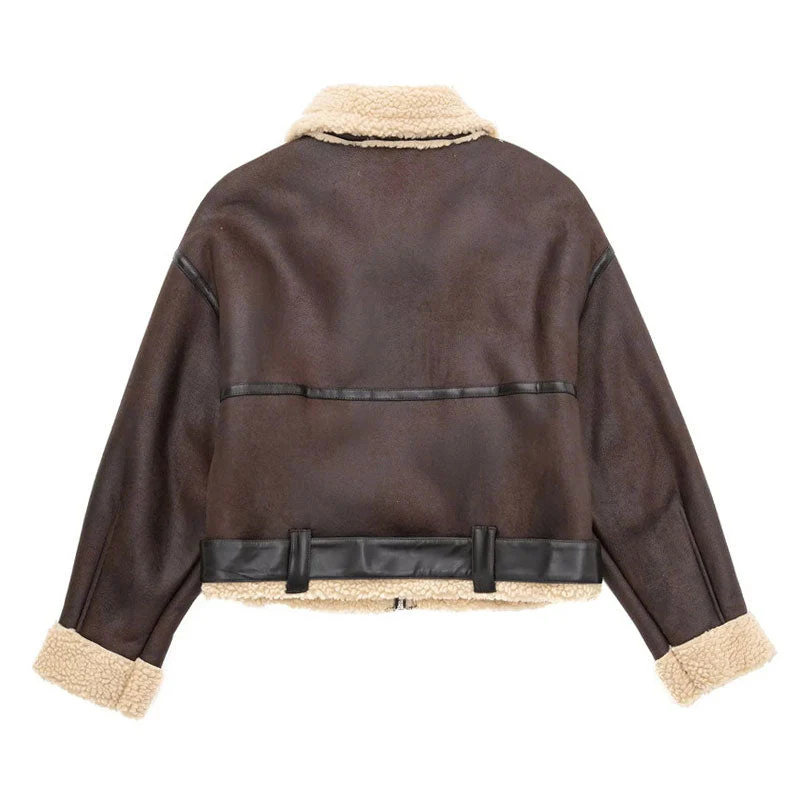 Oversized Fleeced Buckle Trim Faux Leather Cropped Coat - Brown - Image 5