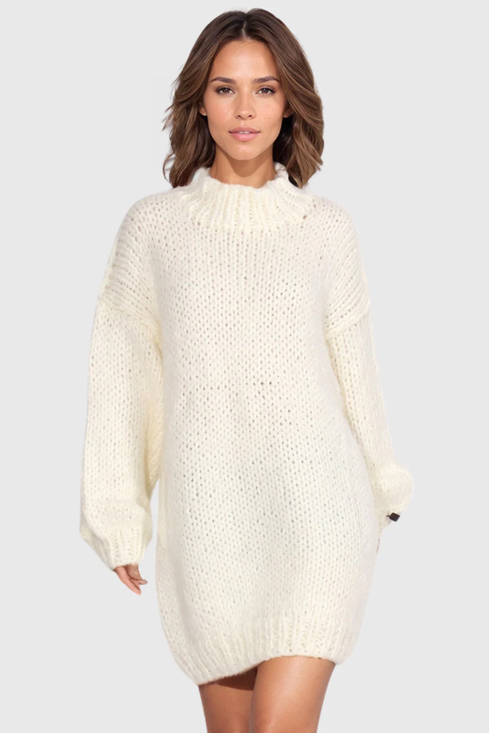 Oversized Knitted Sweater with Round Neckline - White