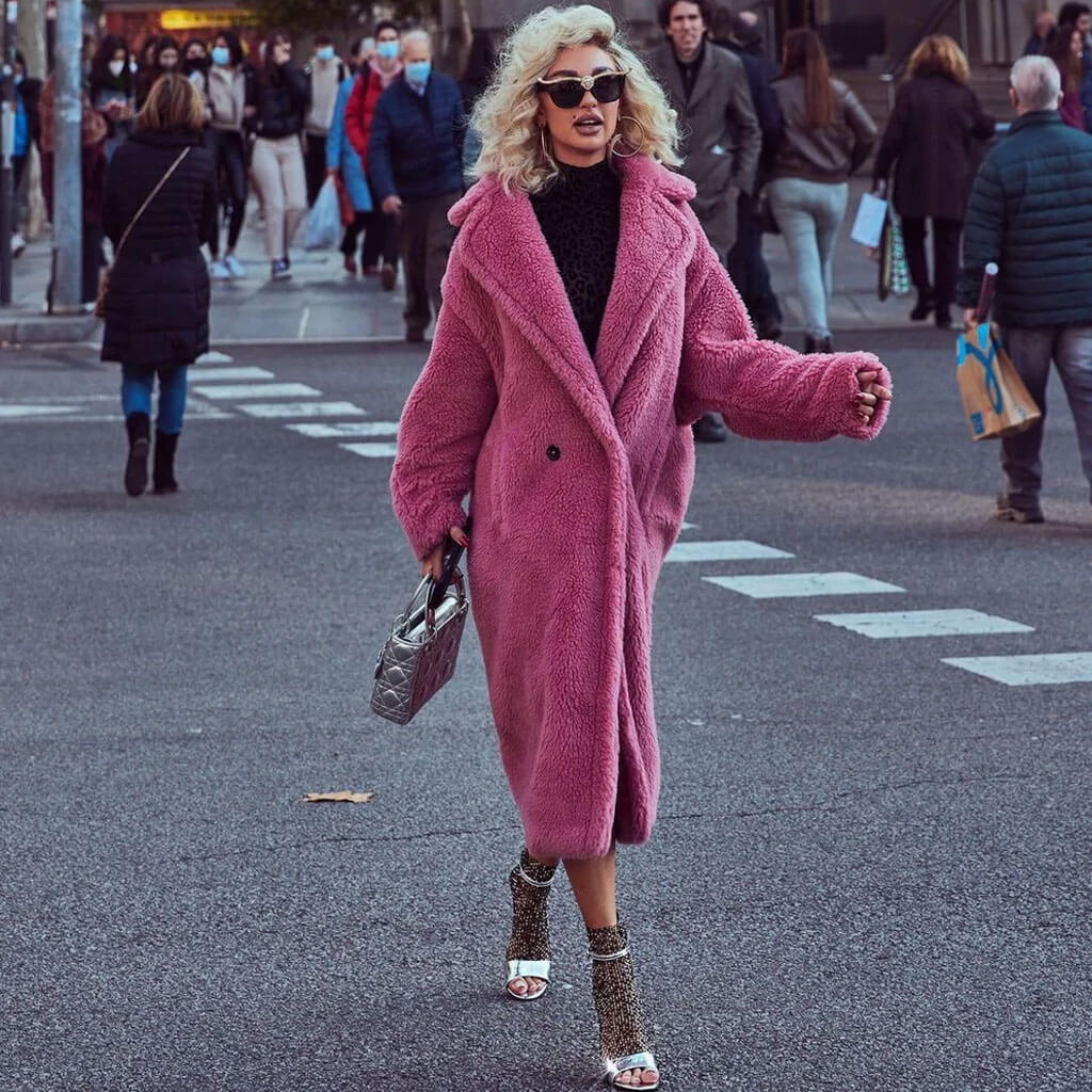 Oversized Lapel Double Breasted Faux Shearling Long Teddy Coat - Pink - Image 2