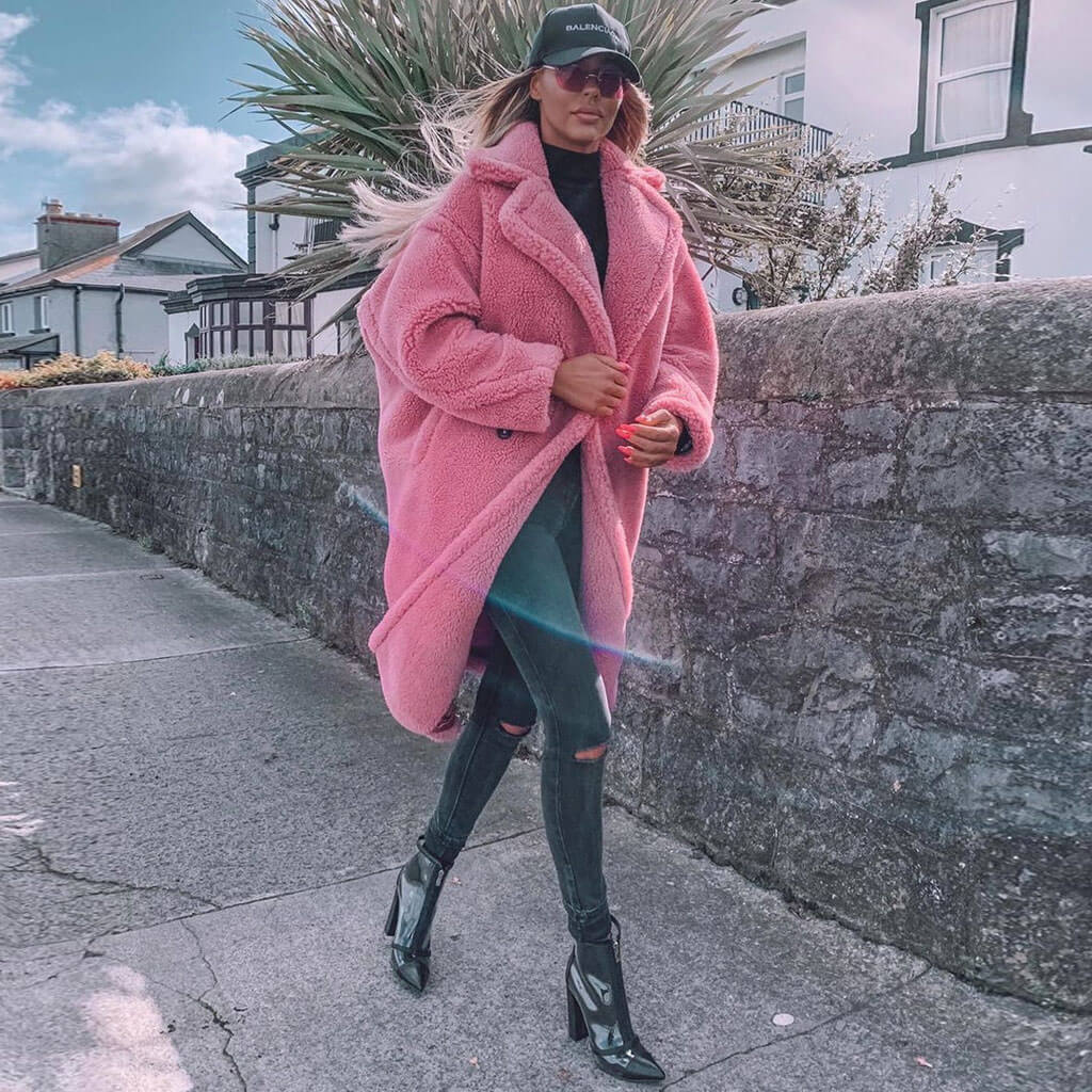 Oversized Lapel Double Breasted Faux Shearling Long Teddy Coat - Pink - Image 4