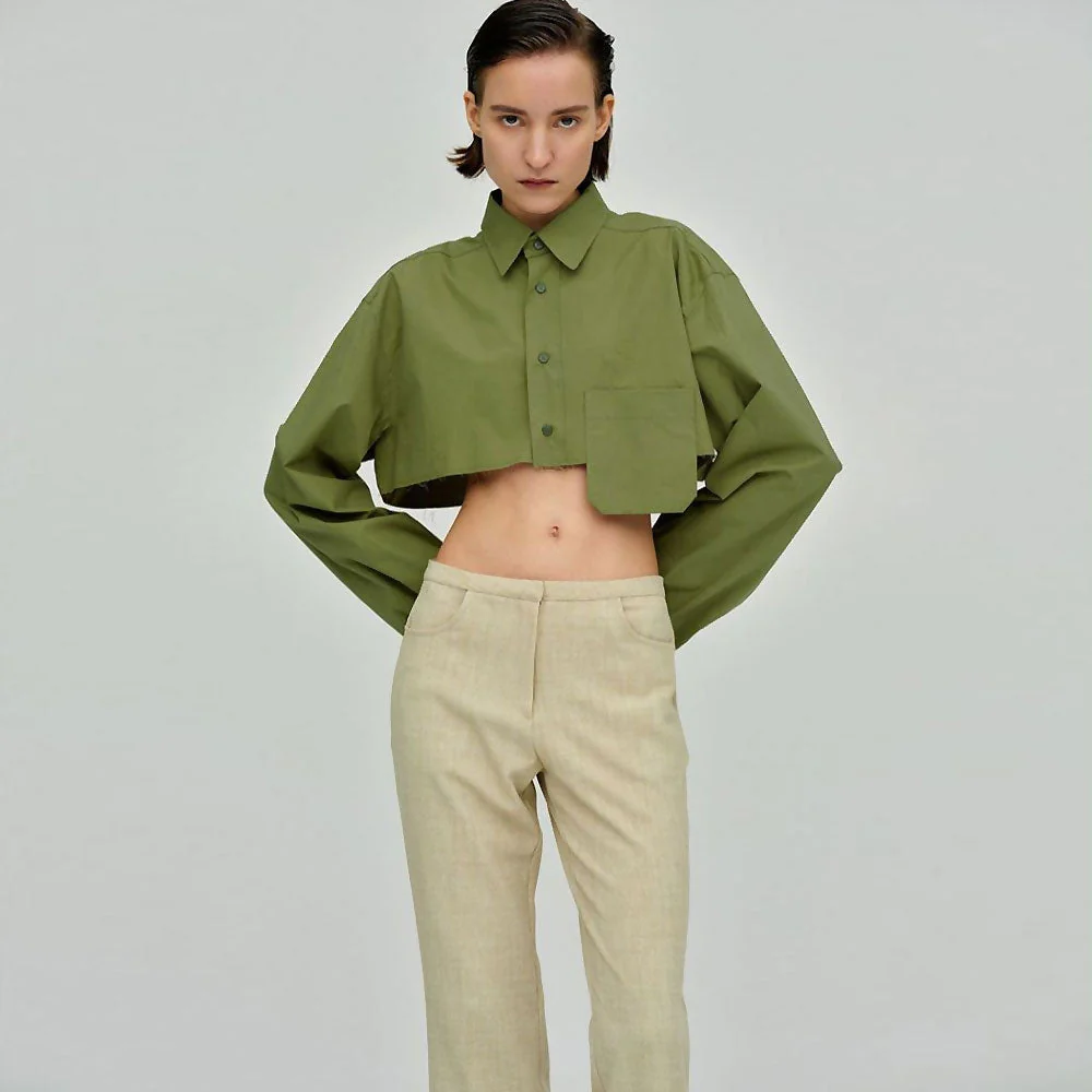 Oversized Long Sleeve Button Down Pointed Collar Cropped Shirt - Green - Image 3