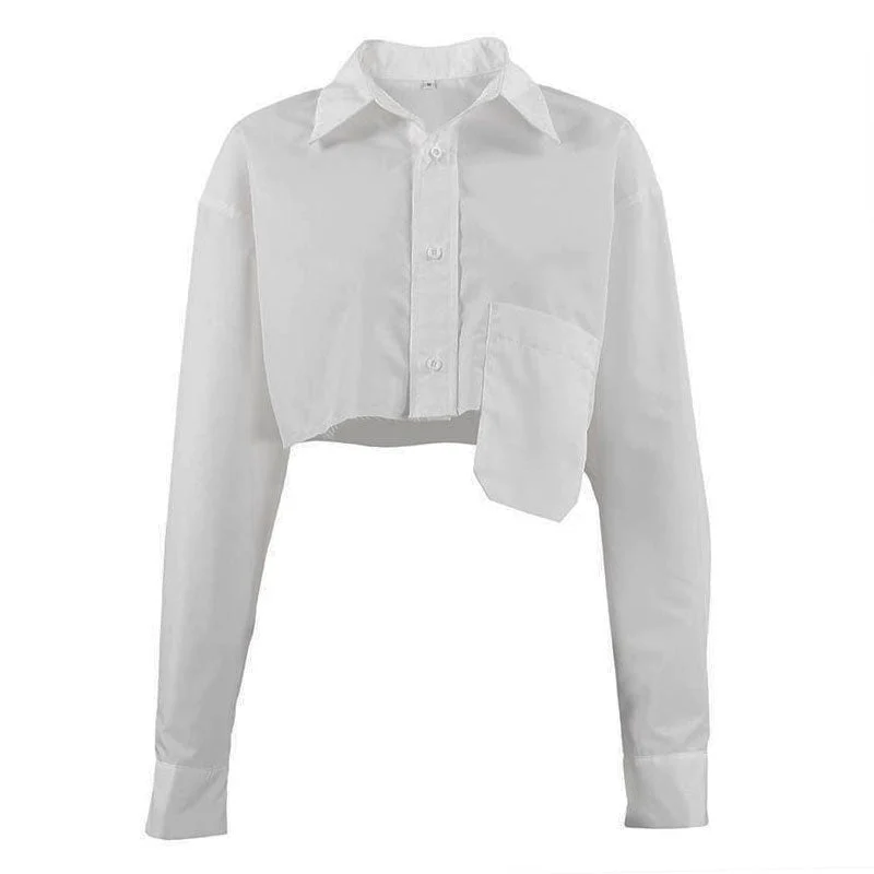 Oversized Long Sleeve Button Down Pointed Collar Cropped Shirt - White - Image 4