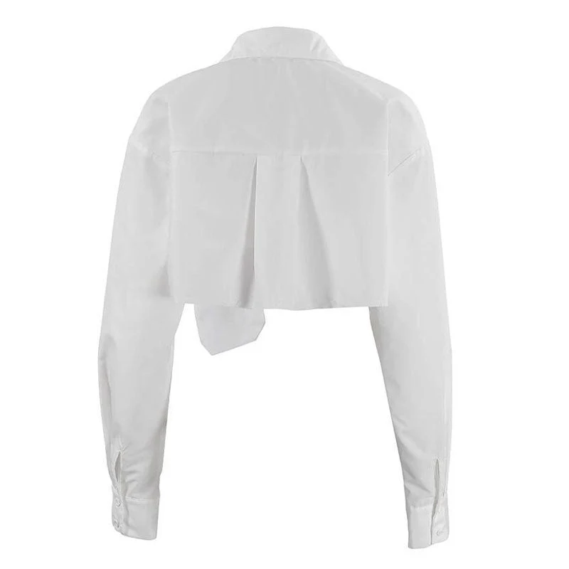 Oversized Long Sleeve Button Down Pointed Collar Cropped Shirt - White - Image 5