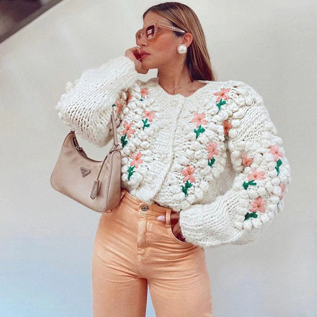 Oversized Long Sleeve Button Up Crochet Floral Cardigan - Apricot - Image 2