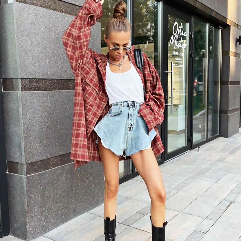 Oversized Plaid Print Button Up Bishop Sleeve Pointed Collar Shirt - Burgundy - Image 2