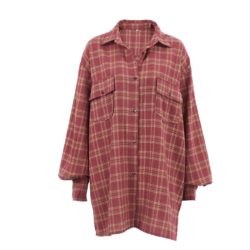 Oversized Plaid Print Button Up Bishop Sleeve Pointed Collar Shirt - Burgundy - Image 4
