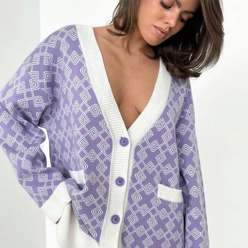 Oversized Plaid Print V Neck Button Up Long Sleeve Ribbed Cardigan - Purple - Image 2