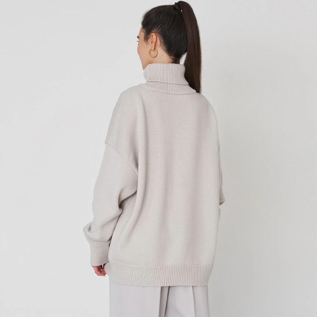 Oversized Rib Knit High Low Turtleneck Long Sleeve Sweater - Gray - Image 4
