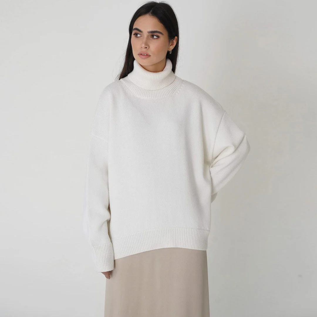 Oversized Rib Knit High Low Turtleneck Long Sleeve Sweater - White