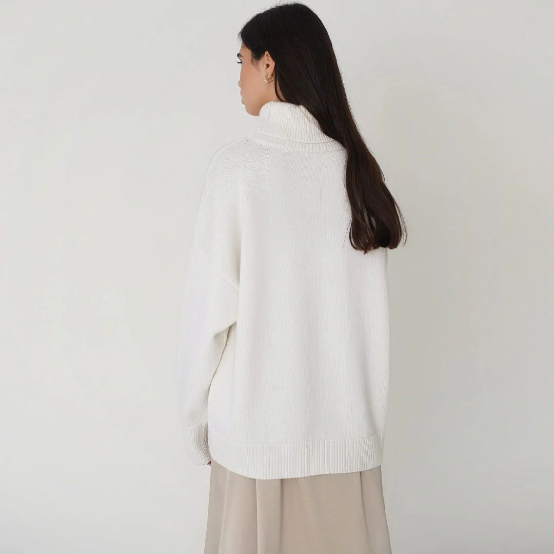 Oversized Rib Knit High Low Turtleneck Long Sleeve Sweater - White - Image 2
