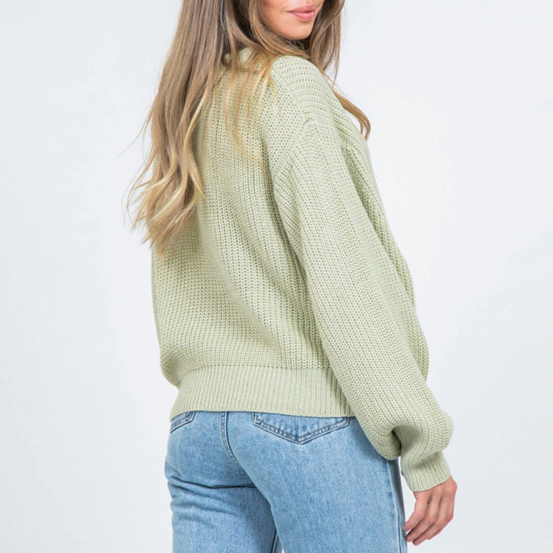 Oversized Rib Knit Round Neck Bishop Sleeve Pullover Sweater - Sage Green - Image 2
