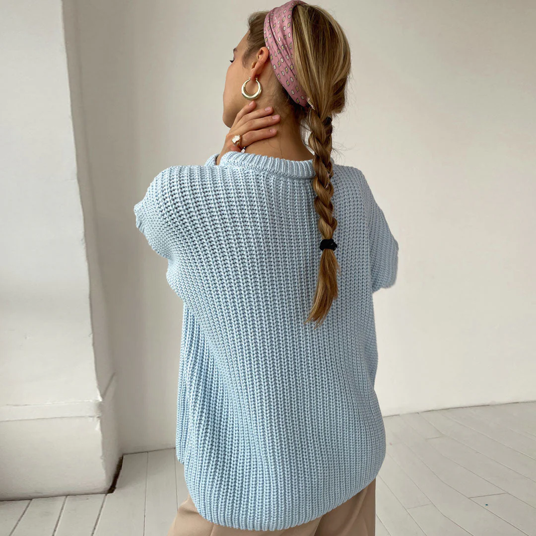 Oversized Ribbed Candy Color Crewneck Pullover Sweater - Light Blue - Image 2