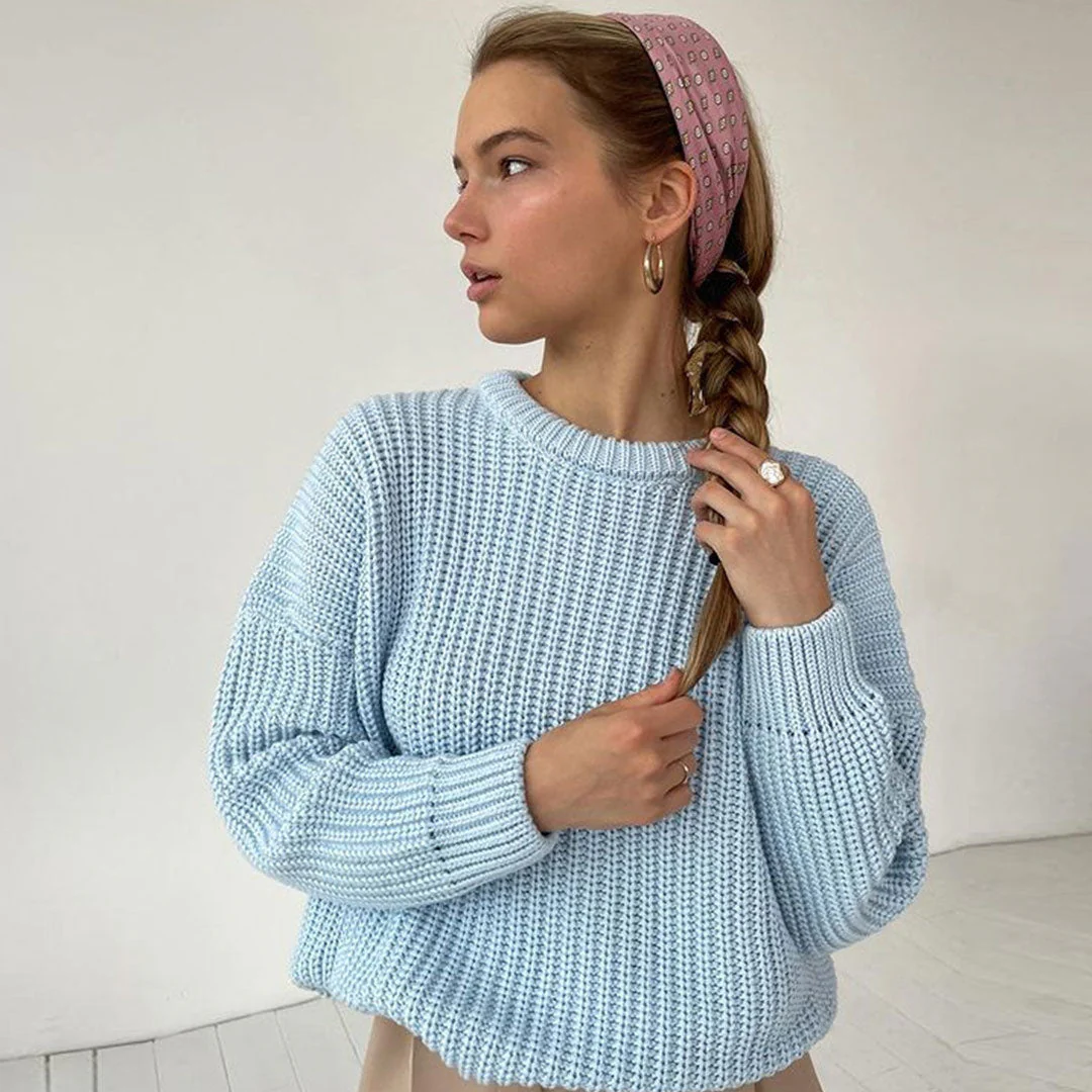 Oversized Ribbed Candy Color Crewneck Pullover Sweater - Light Blue - Image 3