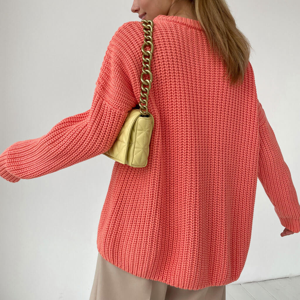 Oversized Ribbed Candy Color Crewneck Pullover Sweater - Rose - Image 4
