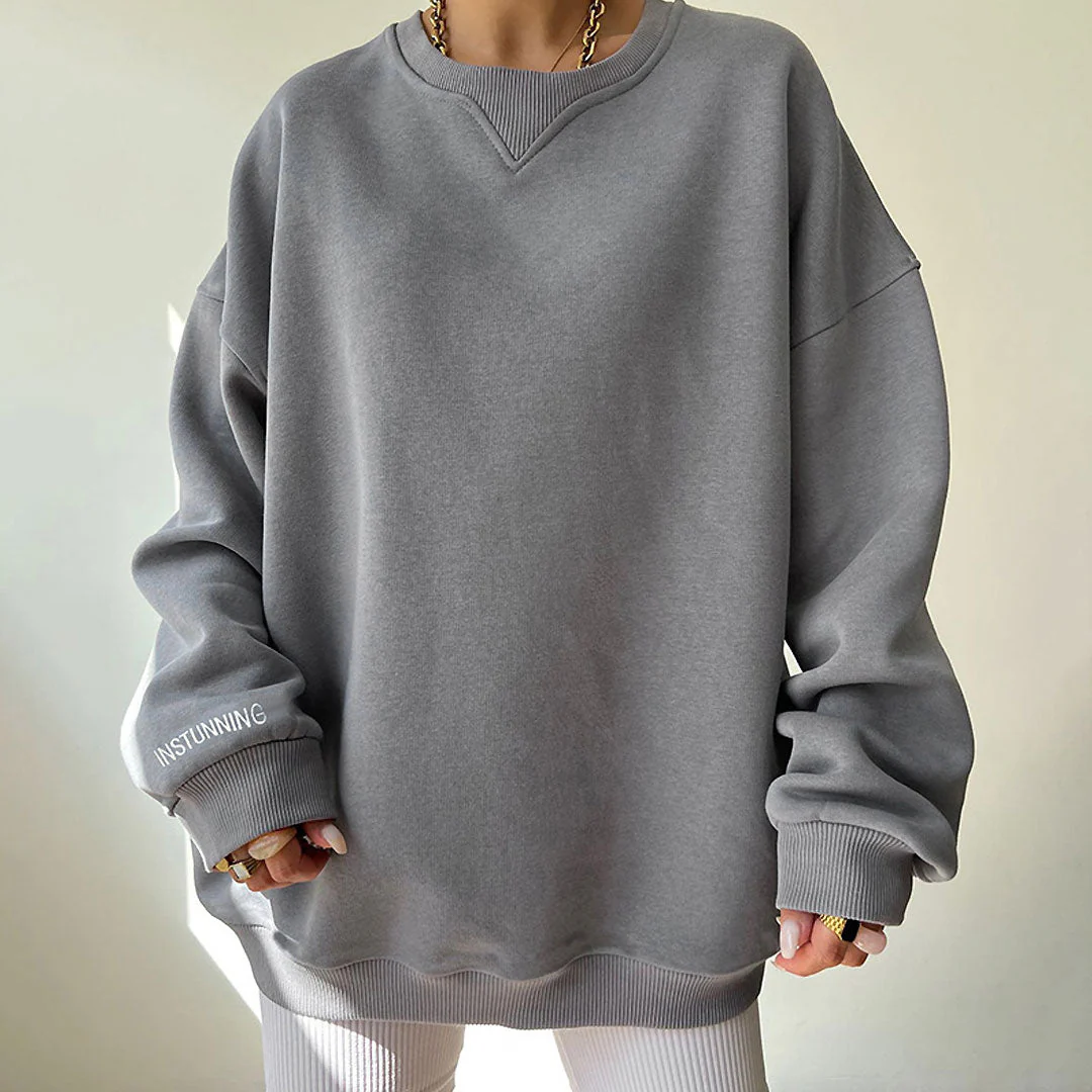 Oversized Ribbed Lettering Trim Drop Shoulder Long Sleeve Sweatshirt - Gray - Image 3