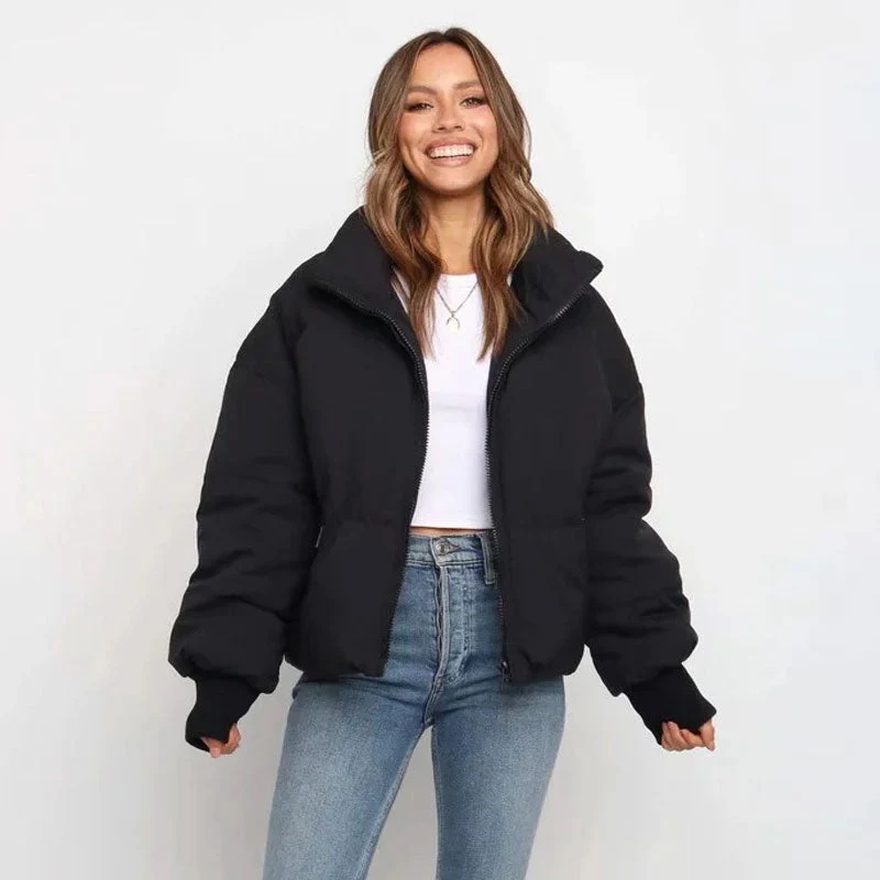 Oversized Stand Collar Side Pocket Zip Front Long Sleeve Puffer Jacket - Black - Image 3