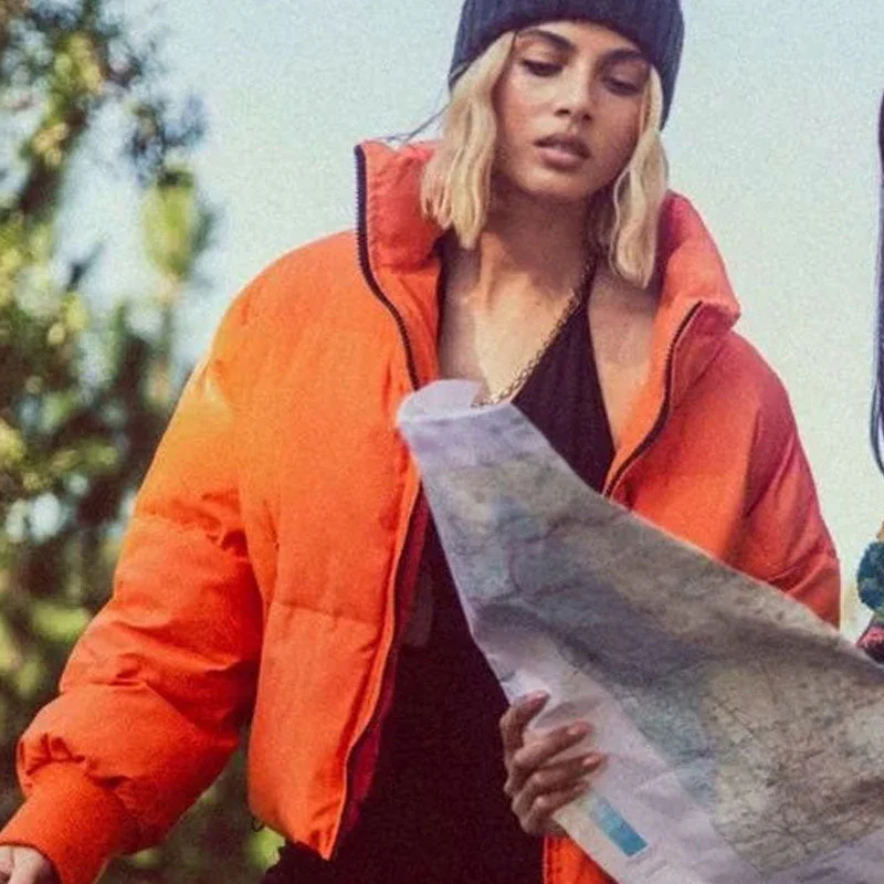 Oversized Stand Collar Side Pocket Zip Front Long Sleeve Puffer Jacket - Burnt Orange - Image 3
