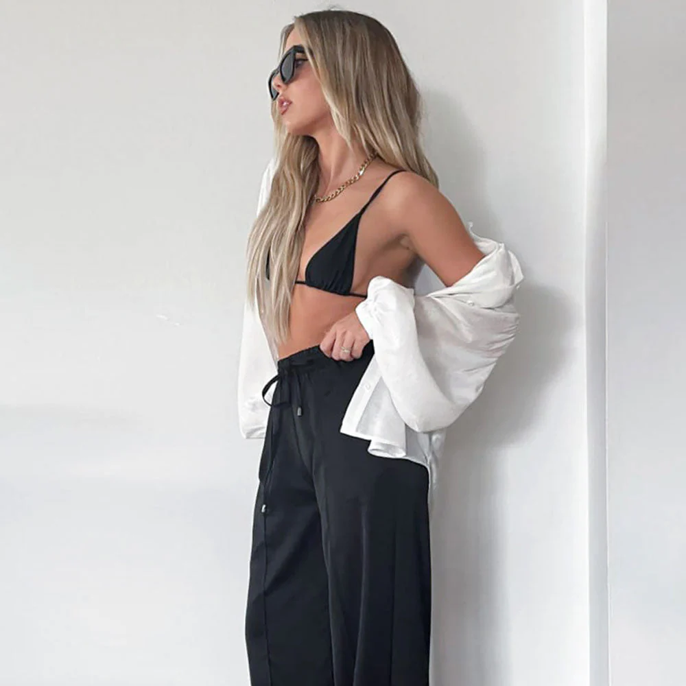 Oversized Textured Drop Shoulder Bishop Sleeve Button Up Collared Shirt - White - Image 3