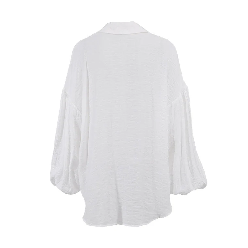 Oversized Textured Drop Shoulder Bishop Sleeve Button Up Collared Shirt - White - Image 5