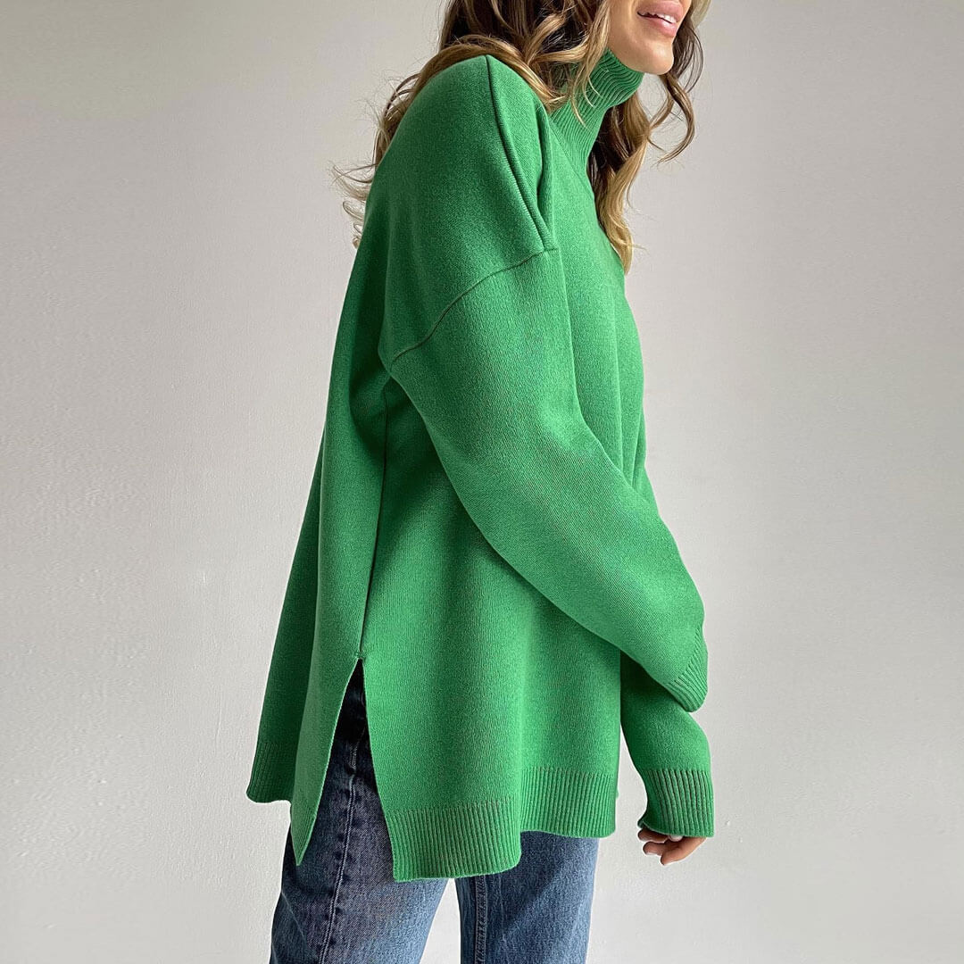 Oversized Turtleneck Long Sleeve Slit Trim Pullover Sweater - Green - Image 2