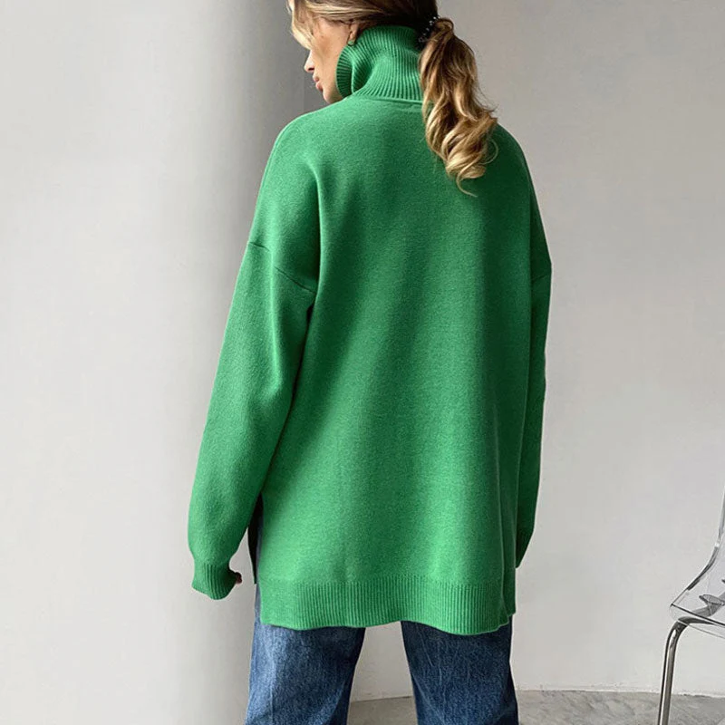 Oversized Turtleneck Long Sleeve Slit Trim Pullover Sweater - Green - Image 3
