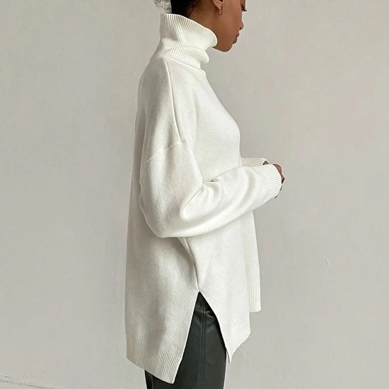 Oversized Turtleneck Long Sleeve Slit Trim Pullover Sweater - White - Image 2