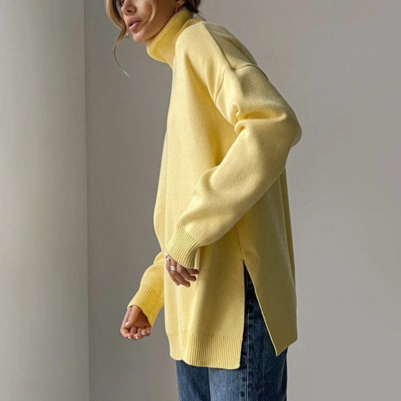 Oversized Turtleneck Long Sleeve Slit Trim Pullover Sweater - Yellow - Image 2