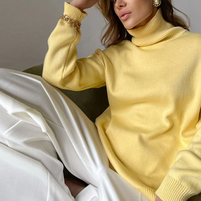 Oversized Turtleneck Long Sleeve Slit Trim Pullover Sweater - Yellow - Image 3