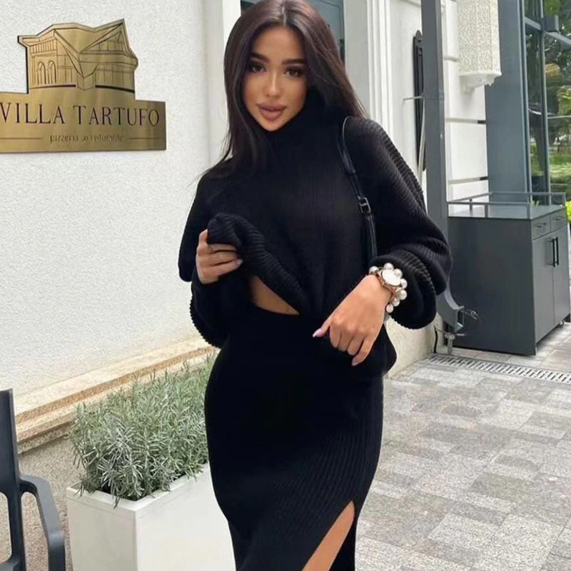 Oversized Turtleneck Sweater High Split Midi Skirt Matching Set - Black - Image 3