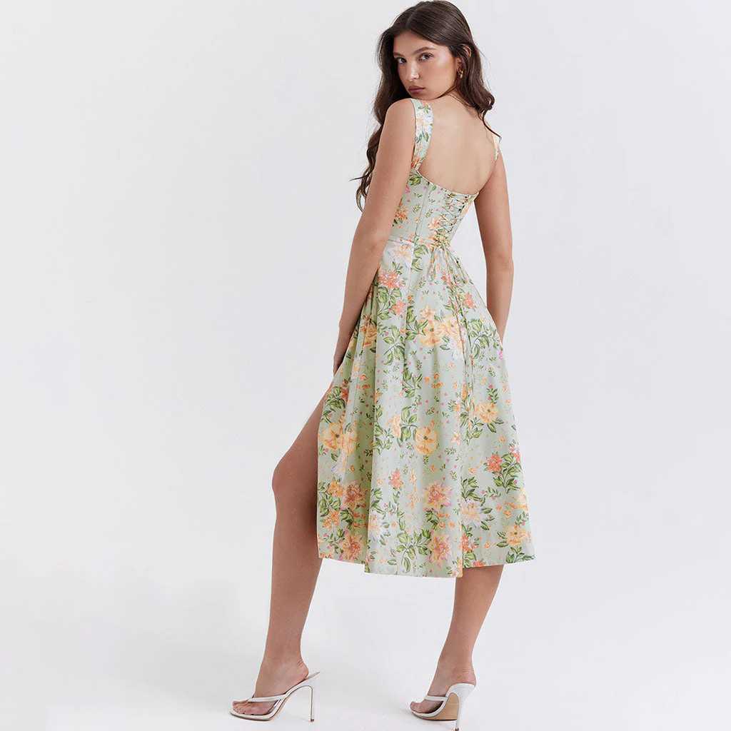 Painterly Printed Square Neck Drop Waist Corset Split Midi Floral SunDress - Image 7