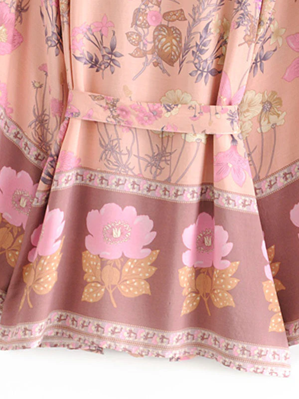 Short Kimono Floral Print Pink Cotton Viscose Short Length Gown Kimono Duster Robe - Image 10